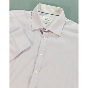 Ted Baker Men Dress Shirt Size 17.5 34/35 White Purple Stripe Business Preppy